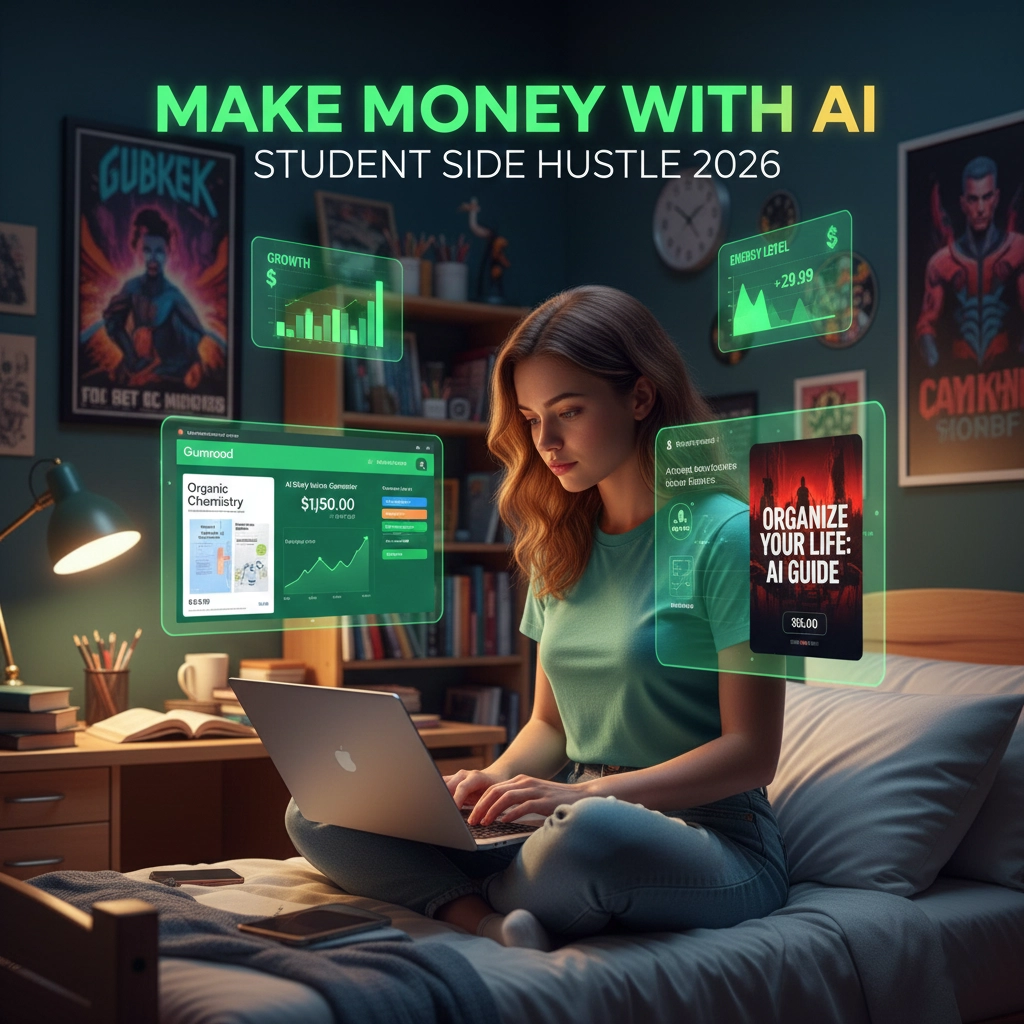 Student working on laptop creating AI study notes, Gumroad dashboard visible, passive income earnings chart, money transfers showing