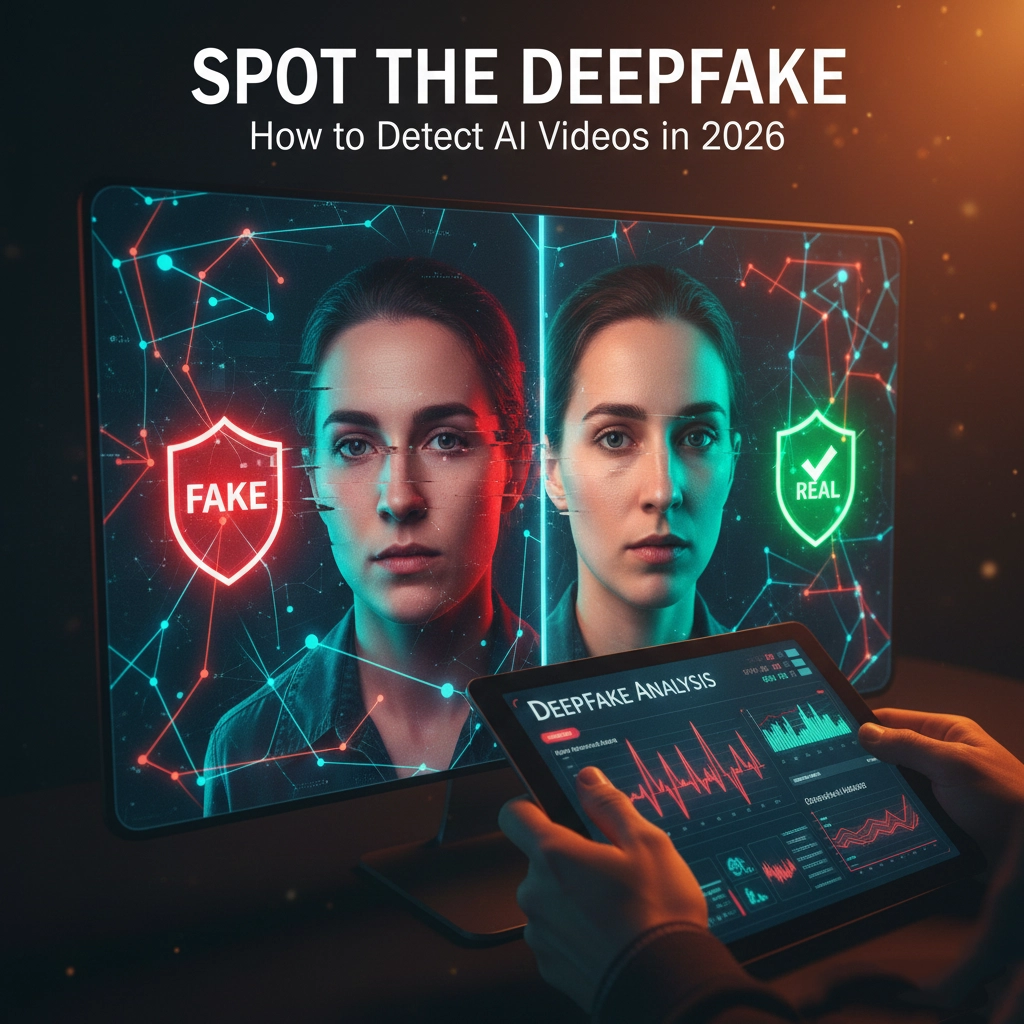 Split-screen showing original video on left, deepfake detection software interface analyzing facial movements and authenticity markers on right