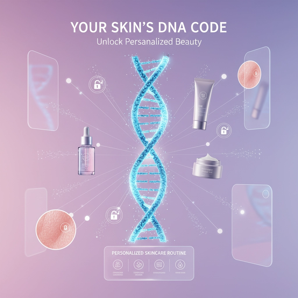 DNA helix with skincare products and personalized beauty routine items arranged around genetic test results and skincare recommendations