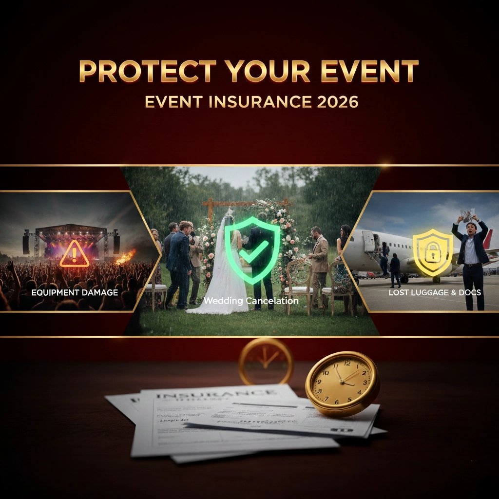 Wedding ceremony scene with insurance documents, couple smiling, concert crowd with ticket stubs, and travel documents spread out