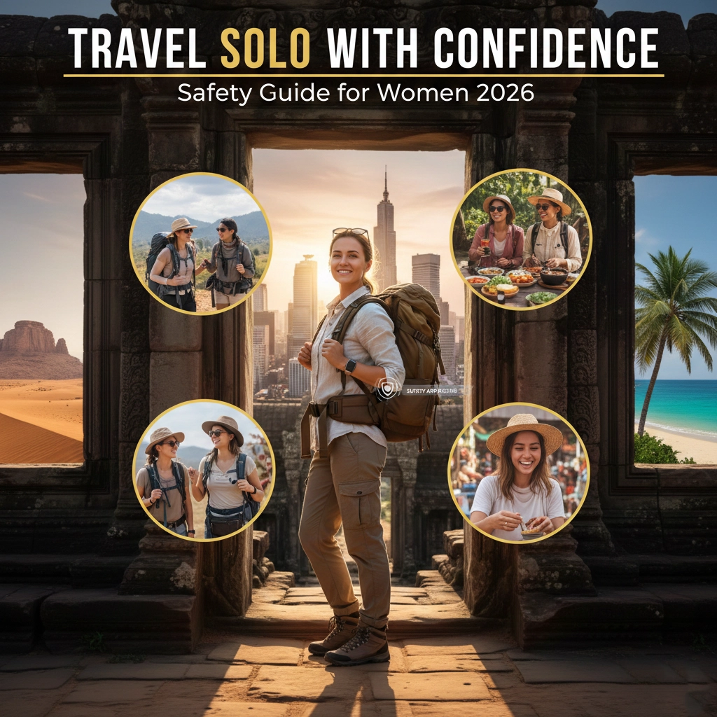 Confident solo female traveler exploring ancient temple, smiling with backpack, safety devices visible, group of female travelers together