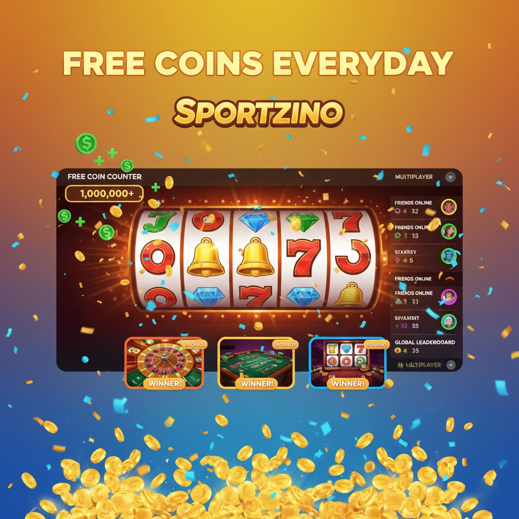Sportzino casino interface showing slot machines, free coin notifications, daily bonus calendar, and winning celebrations